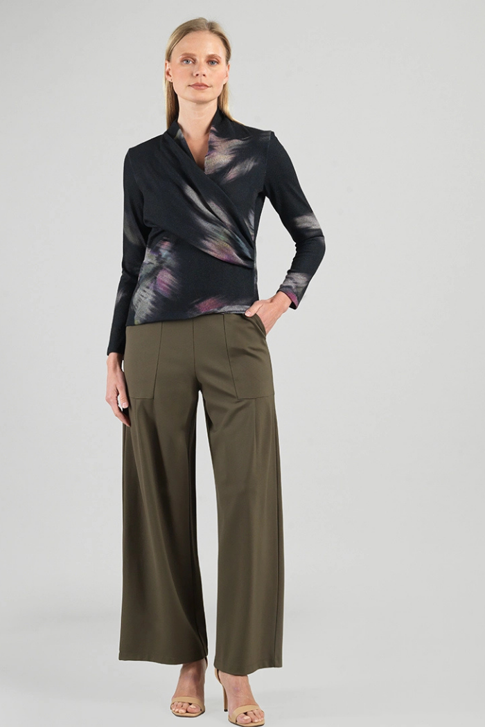 Clara Sunwoo Brush Print Draped V-Neck Ruched Sweater T414WP2