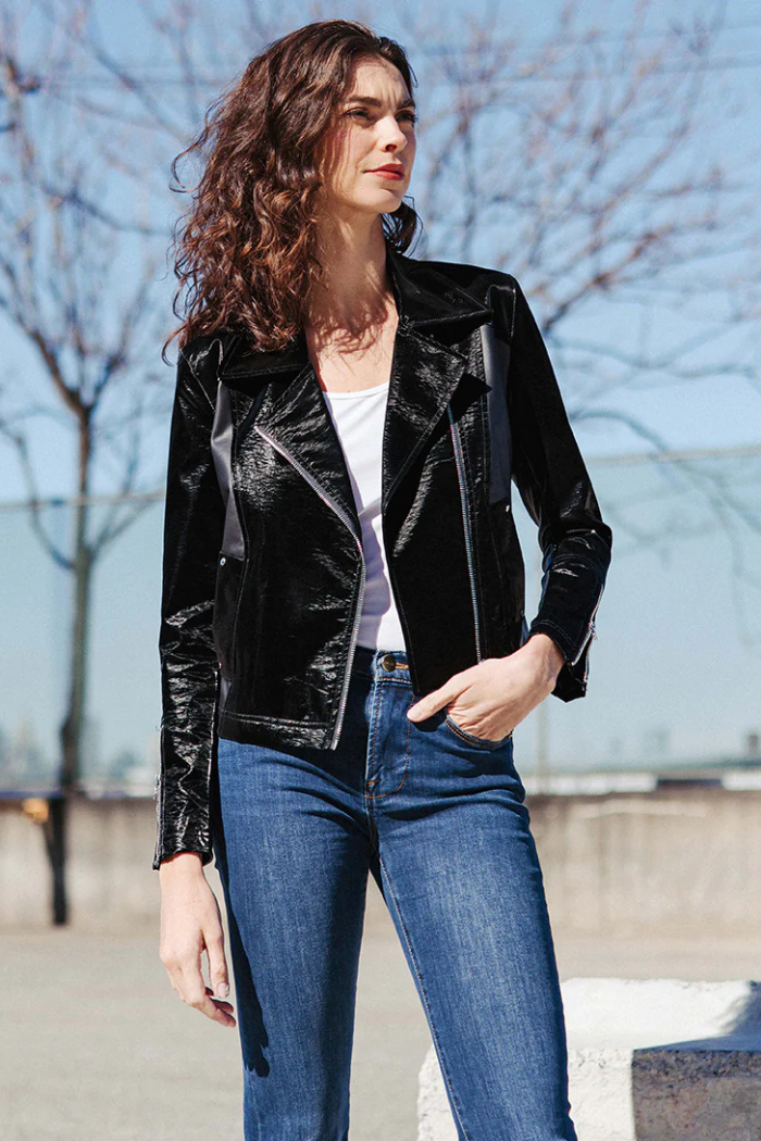 Clara Sunwoo Liquid Leather ™ Panel Zip Cuff Pocket Jacket - Black JK225H