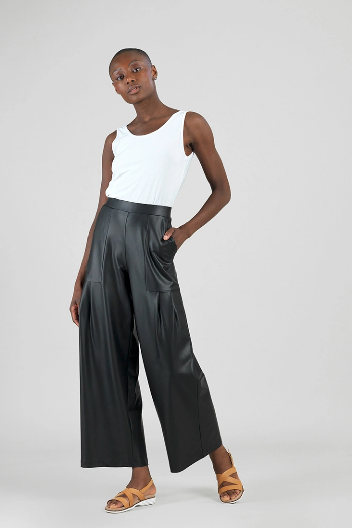 Clara Sunwoo Liquid Leather Wide Leg Pant with Pleated Pockets PT70L
