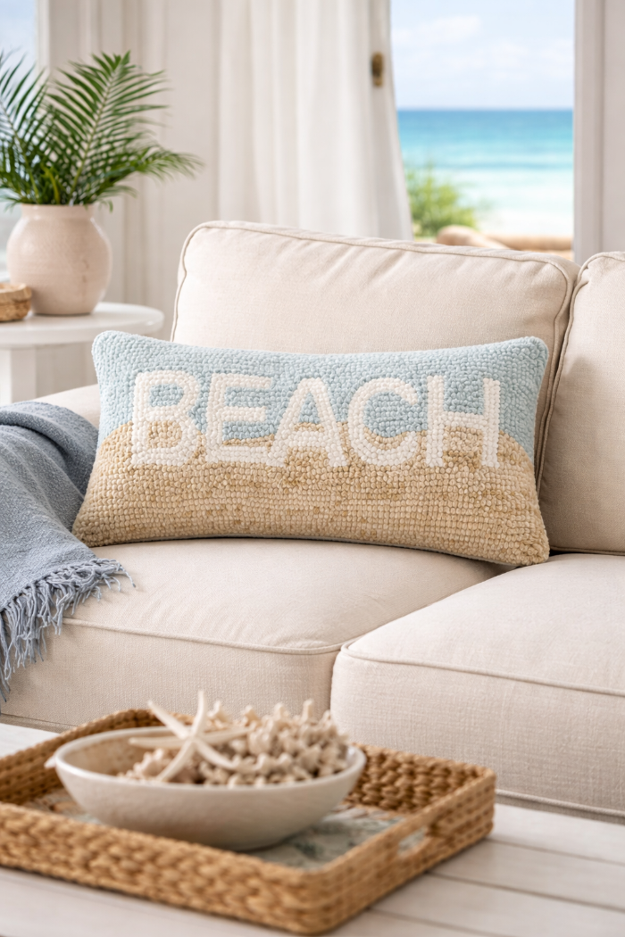 Hand-Hooked "Beach" Wool Lumbar Pillow – Coastal Home Decor Accent