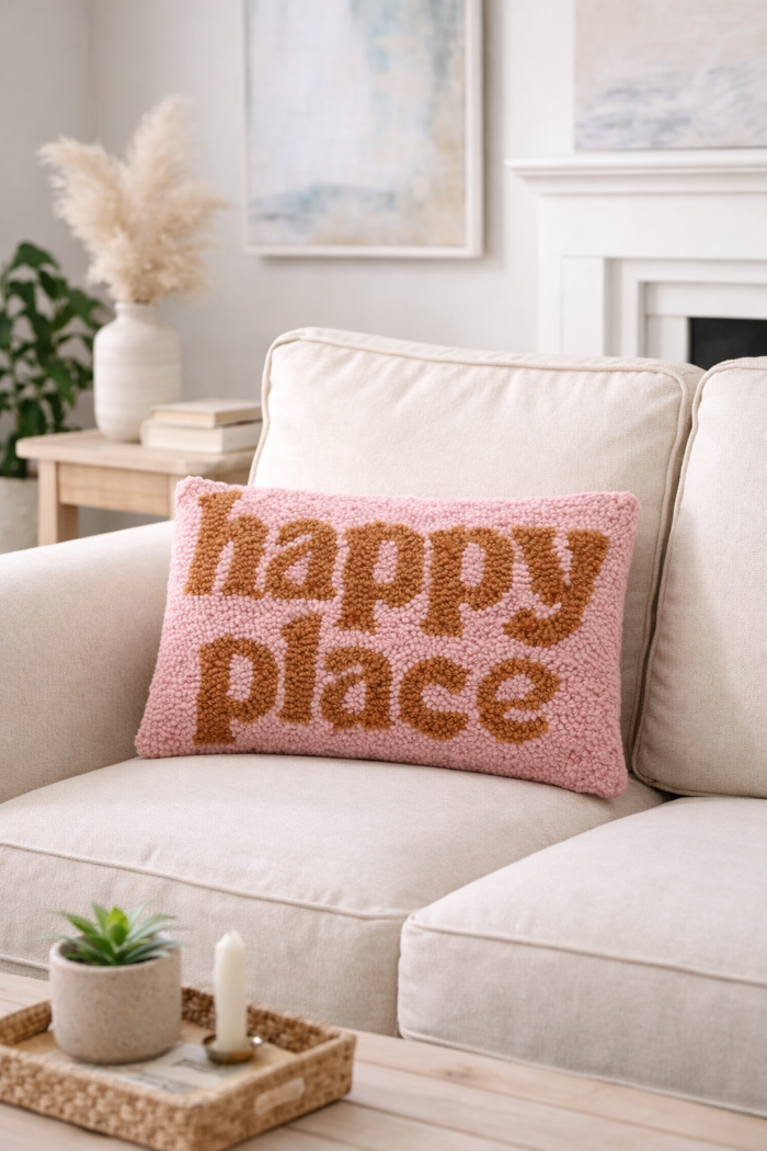 "Happy Place" Hand-Hooked Wool Throw Pillow – 8x12 Decorative Lumbar Accent