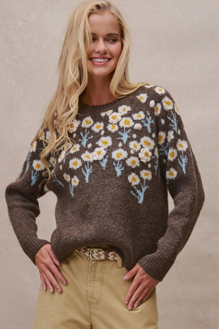 Daisy Embossed 3D Floral Knit Sweater - Brown UDSW0218