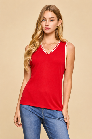 Dear Scarlett Embroidered Stitching Detail Sleeveless Top - Red WHISPER