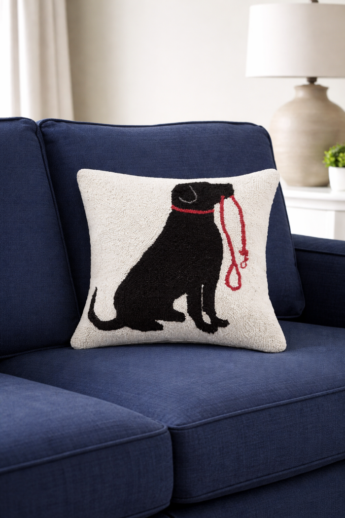 Hand-Hooked Black Labrador Wool Pillow – 16x16 Decorative Throw Pillow with Velvet Back