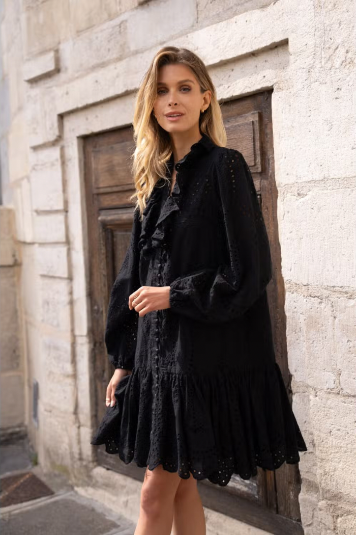 Embroidered Cotton Lace Dress Large / Black