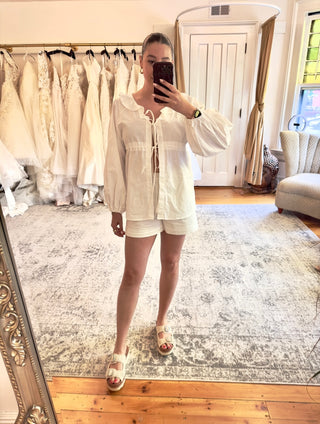 Flounce Puff Sleeves String Tie Top and Shorts Set