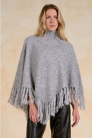 Elan Grey Turtleneck Fringe Knit Poncho SWF11787