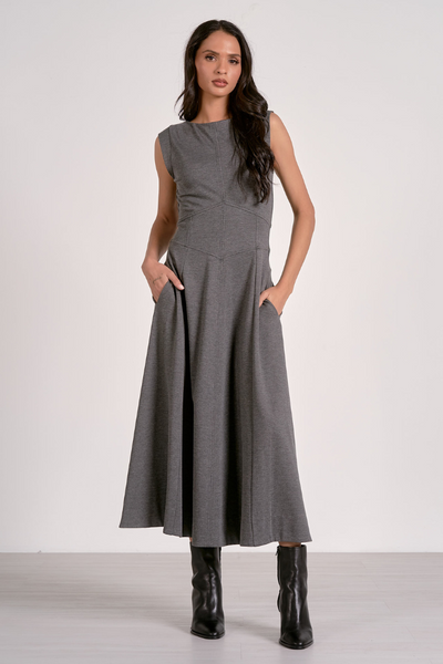 Chic Grey Sleeveless Midi Dress | A-Line Pockets