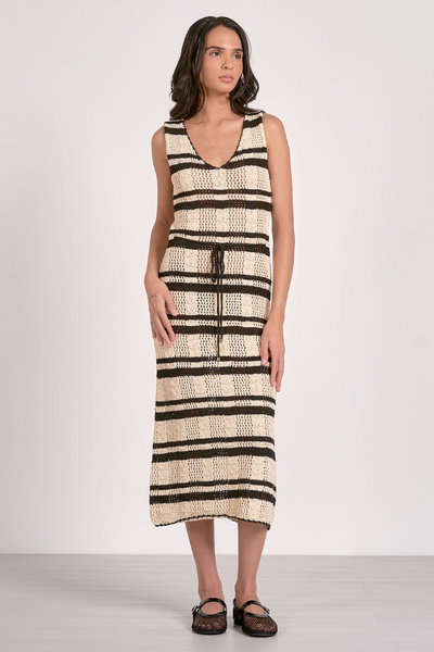 Elan Striped Crochet Knit Dress Natural Black