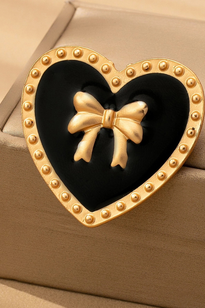 Elegant Black & Gold Heart Bow Brooch Pin