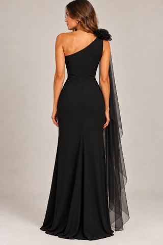 One-Shoulder Rosette Scarf Detail Gown - Black Frank Lyman 269025