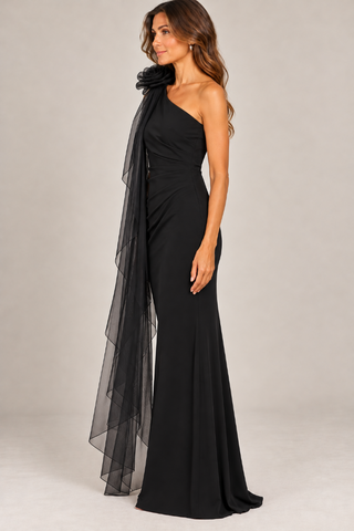 One-Shoulder Rosette Scarf Detail Gown - Black Frank Lyman 269025