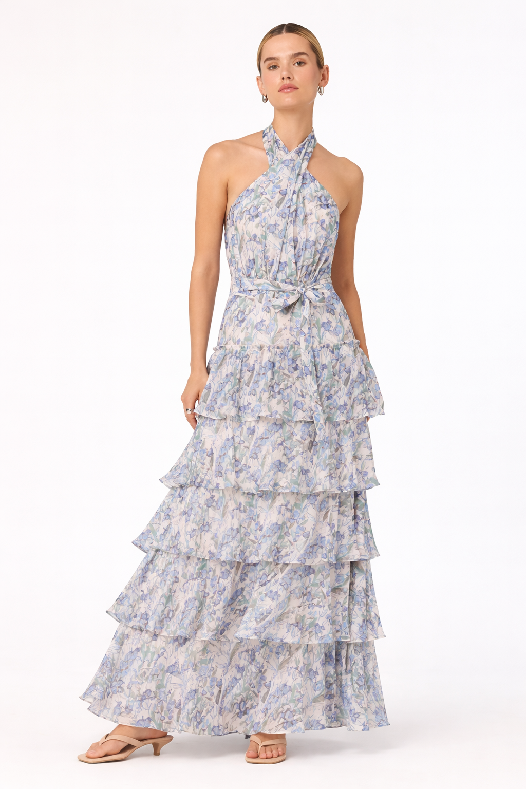 ASTR the Label | Adamaris Floral Ruffle Halter Maxi Dress in Blue Floral | Size M ASTR the Label | Adamaris Floral Ruffle Halter Maxi Dress in Blue Floral | Size M