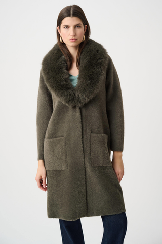 Feather Yarn Knit Coat with Detachable Faux Fur Collar Ribkoff 263973