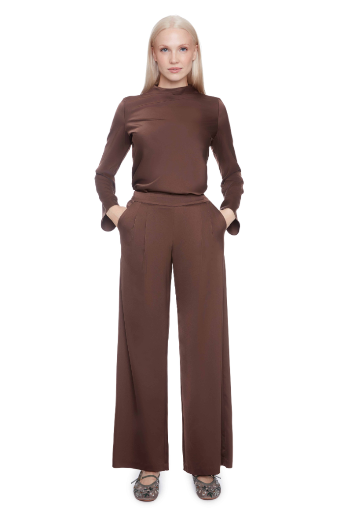 Fiona Solid Satin Wide-Leg Full-Length Pant - Brown 526053