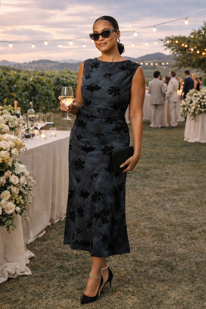 Woman in a dark floral dress holding a glass of wine at an outdoor event with tables and decorations.