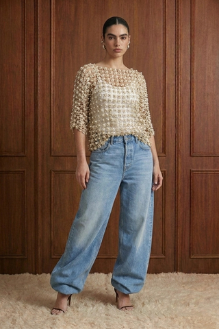 Floral Guipure Pearl-Embellished Overlay Top - Gold