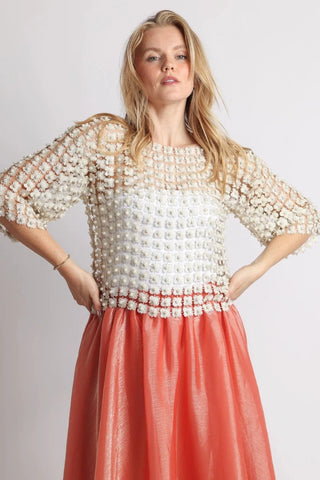 Floral Guipure Pearl-Embellished Overlay Top - Ivory