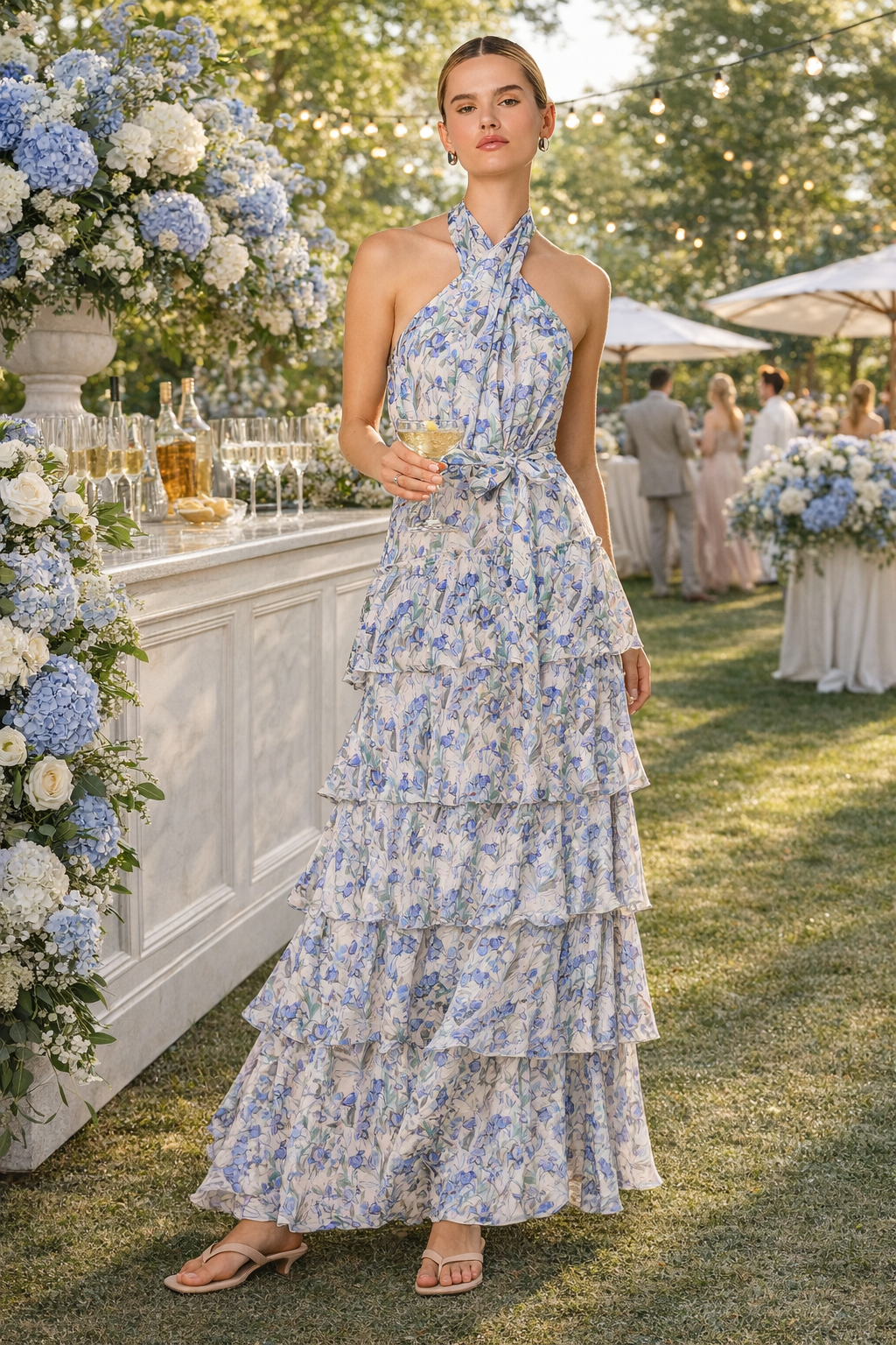 A woman wearing a blue and white floral print halter neck tiered maxi dress with a tie waist, standing against a white background.