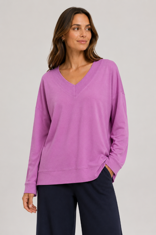 French Terry V-Neck Long Sleeve Top - Peony