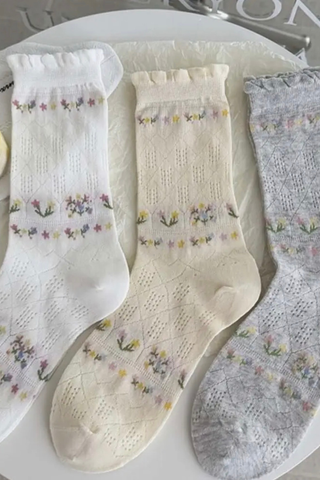Fresh Floral Print Hollow Mesh Crew Socks 8CK8FSO24 Dipped Shop