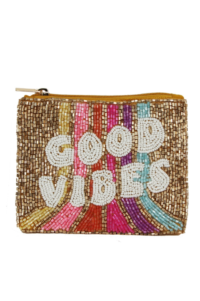 "Good Vibes" Seed Beaded Coin Purse | Handmade Boho Mini Pouch