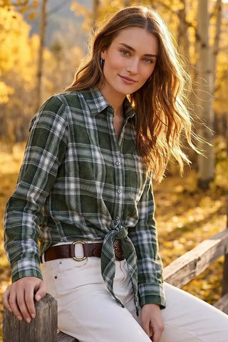 Long Sleeve Plaid Tie-Front Shirt Karen Kane 3L60702
