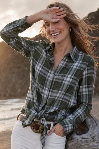 Long Sleeve Plaid Tie-Front Shirt Karen Kane 3L60702