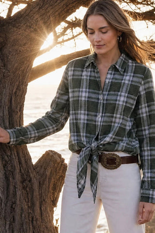 Long Sleeve Plaid Tie-Front Shirt Karen Kane 3L60702