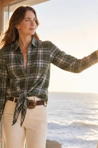 Long Sleeve Plaid Tie-Front Shirt Karen Kane 3L60702