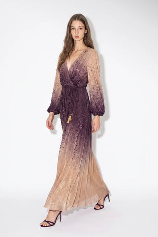 Gradient Pleated Beaded Wrap Maxi Dress Beulah AC3586