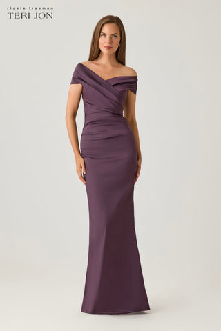 Teri Jon 96022 Eggplant Off The Shoulder Stretch Satin Gown