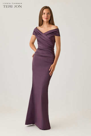 Teri Jon 96022 Eggplant Off The Shoulder Stretch Satin Gown