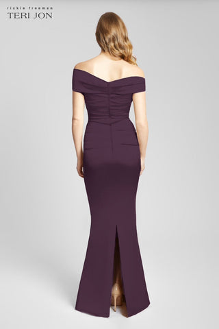Teri Jon 96022 Eggplant Off The Shoulder Stretch Satin Gown