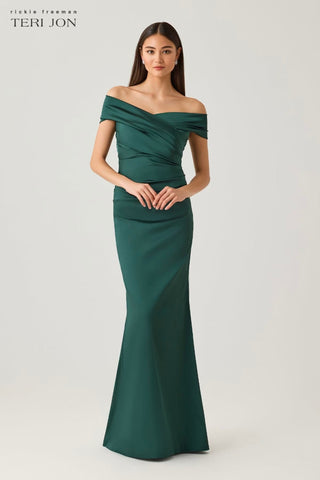 Teri Jon 96022 Forest Off The Shoulder Stretch Satin Gown