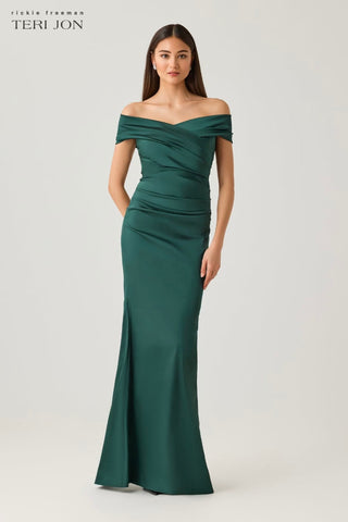 Teri Jon 96022 Forest Off The Shoulder Stretch Satin Gown