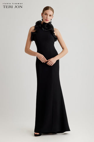 Teri Jon 266082 Black Stretch Crepe Ruffled Halter Gown