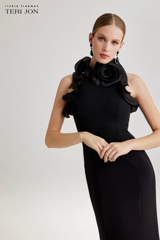 Teri Jon 266082 Black Stretch Crepe Ruffled Halter Gown