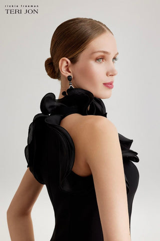 Teri Jon 266082 Black Stretch Crepe Ruffled Halter Gown