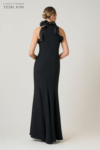 Teri Jon 266082 Black Stretch Crepe Ruffled Halter Gown