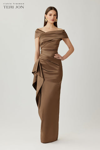 Teri Jon 267008 Bronze Stretch Taffeta Asymmetrical Off The Shoulder Side Ruffle Gown