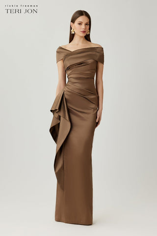 Teri Jon 267008 Bronze Stretch Taffeta Asymmetrical Off The Shoulder Side Ruffle Gown