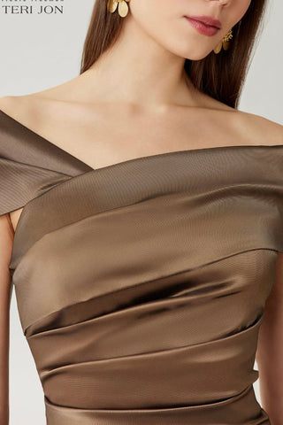 Teri Jon 267008 Bronze Stretch Taffeta Asymmetrical Off The Shoulder Side Ruffle Gown