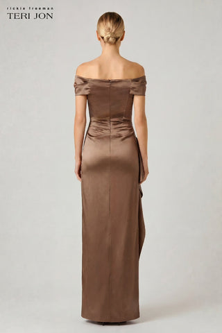 Teri Jon 267008 Bronze Stretch Taffeta Asymmetrical Off The Shoulder Side Ruffle Gown