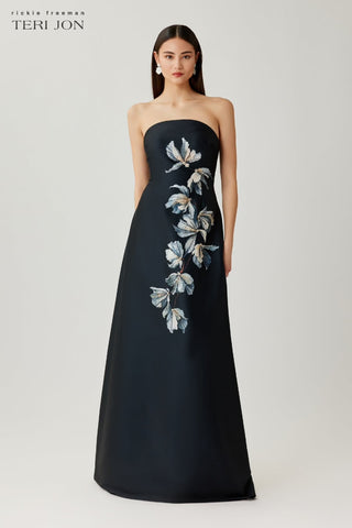 Teri Jon 267061 Black Multi Mikado Strapless Beaded Floral Gown