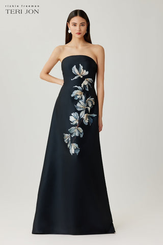 Teri Jon 267061 Black Multi Mikado Strapless Beaded Floral Gown
