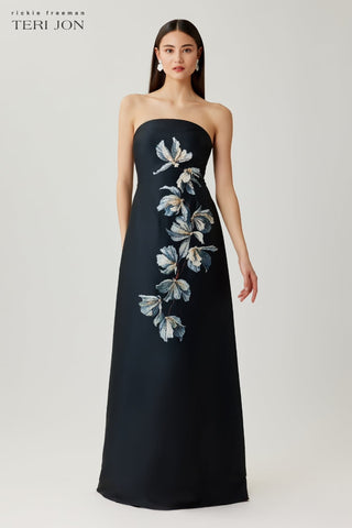 Teri Jon 267061 Black Multi Mikado Strapless Beaded Floral Gown