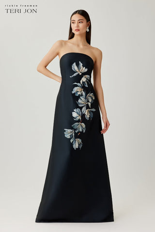  Teri Jon 267061 Black Multi Mikado Strapless Beaded Floral Gown