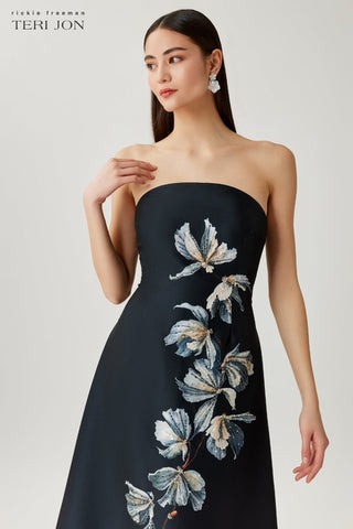 Teri Jon 267061 Black Multi Mikado Strapless Beaded Floral Gown