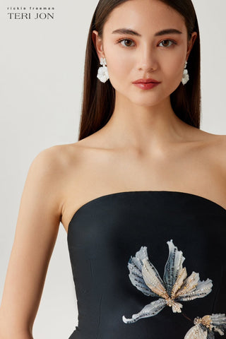 Teri Jon 267061 Black Multi Mikado Strapless Beaded Floral Gown